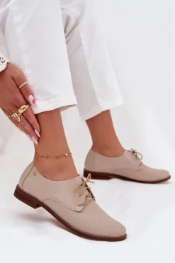Zazoo Półbuty Skórzane*Skórzane Półbuty Damskie Eleganckie Sznurowane 4238 Beżowe Beżowy