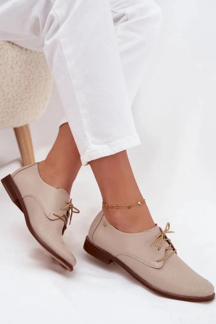 Zazoo Półbuty Skórzane*Skórzane Półbuty Damskie Eleganckie Sznurowane 4238 Beżowe Beżowy