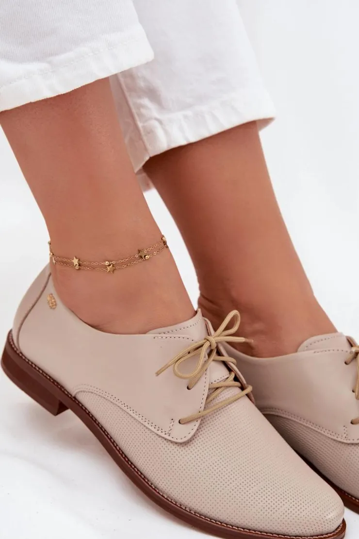 Zazoo Półbuty Skórzane*Skórzane Półbuty Damskie Eleganckie Sznurowane 4238 Beżowe Beżowy