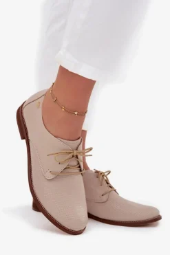 Zazoo Półbuty Skórzane*Skórzane Półbuty Damskie Eleganckie Sznurowane 4238 Beżowe Beżowy