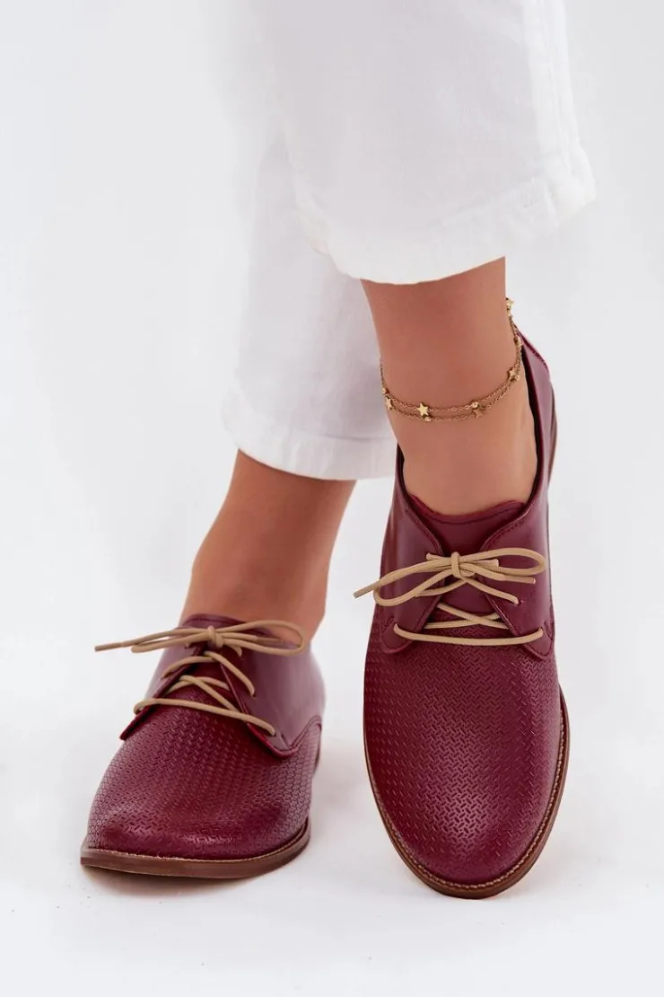 Online Zazoo Skórzane Półbuty Damskie Eleganckie Sznurowane 4238 Bordowe Czerwony