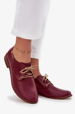Online Zazoo Skórzane Półbuty Damskie Eleganckie Sznurowane 4238 Bordowe Czerwony
