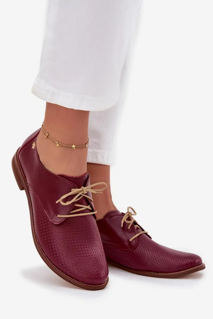 Online Zazoo Skórzane Półbuty Damskie Eleganckie Sznurowane 4238 Bordowe Czerwony