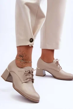 Damskie Boto Skórzane Półbuty Damskie Na Obcasie Beżowe Keria