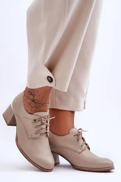 Damskie Boto Skórzane Półbuty Damskie Na Obcasie Beżowe Keria