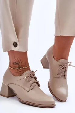 Damskie Boto Skórzane Półbuty Damskie Na Obcasie Beżowe Keria