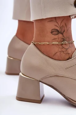 Damskie Boto Skórzane Półbuty Damskie Na Obcasie Beżowe Keria