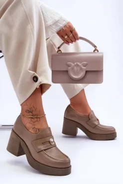 Boto Półbuty Skórzane*Skórzane Półbuty Damskie Na Słupku Ciemnobeżowe Lemar Dunadia Beżowy