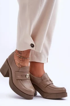 Boto Półbuty Skórzane*Skórzane Półbuty Damskie Na Słupku Ciemnobeżowe Lemar Dunadia Beżowy