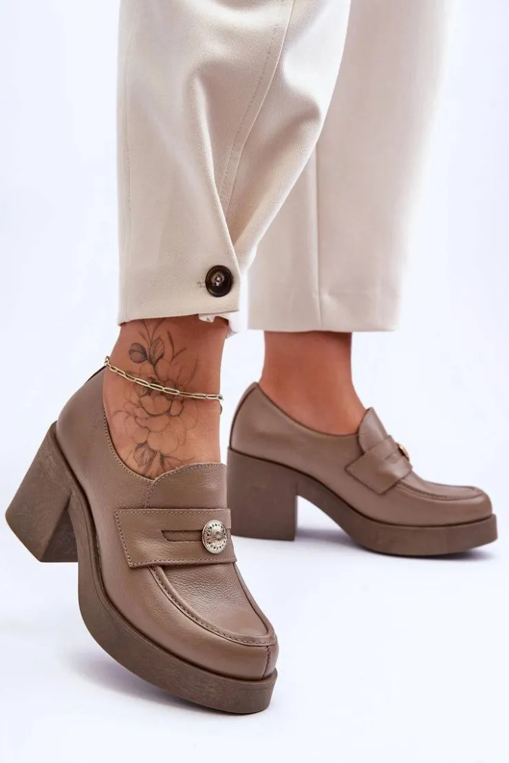 Boto Półbuty Skórzane*Skórzane Półbuty Damskie Na Słupku Ciemnobeżowe Lemar Dunadia Beżowy