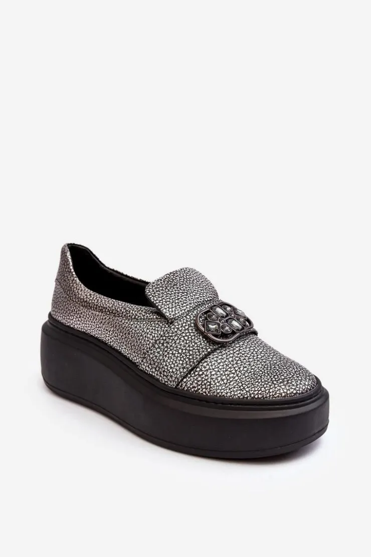 Damskie Laura Messi Skórzane Półbuty Damskie Na Platformie Z Ozdobą 2697/810 Srebrne