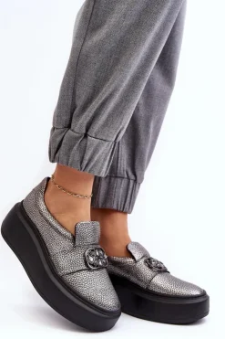 Damskie Laura Messi Skórzane Półbuty Damskie Na Platformie Z Ozdobą 2697/810 Srebrne