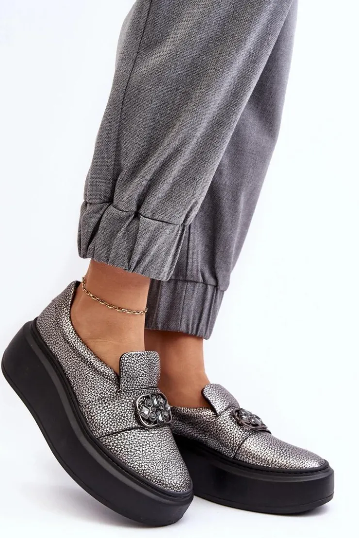 Damskie Laura Messi Skórzane Półbuty Damskie Na Platformie Z Ozdobą 2697/810 Srebrne