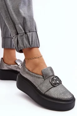 Damskie Laura Messi Skórzane Półbuty Damskie Na Platformie Z Ozdobą 2697/810 Srebrne