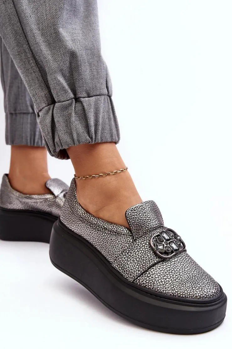 Damskie Laura Messi Skórzane Półbuty Damskie Na Platformie Z Ozdobą 2697/810 Srebrne