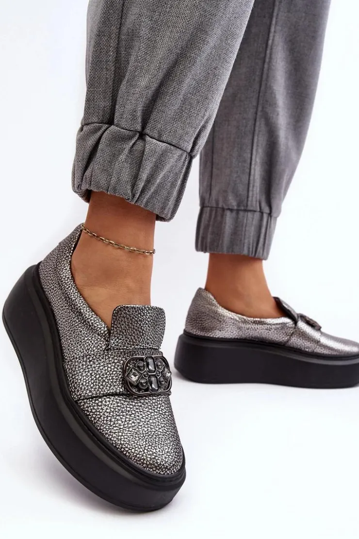 Damskie Laura Messi Skórzane Półbuty Damskie Na Platformie Z Ozdobą 2697/810 Srebrne