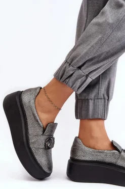 Damskie Laura Messi Skórzane Półbuty Damskie Na Platformie Z Ozdobą 2697/810 Srebrne