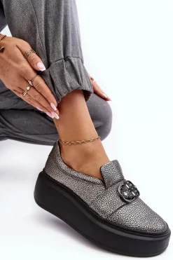 Damskie Laura Messi Skórzane Półbuty Damskie Na Platformie Z Ozdobą 2697/810 Srebrne