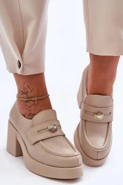 Damskie Boto Skórzane Półbuty Damskie Na Słupku Beżowe Lemar Dunadia