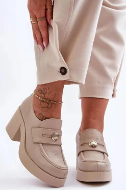 Damskie Boto Skórzane Półbuty Damskie Na Słupku Beżowe Lemar Dunadia