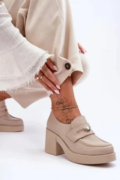 Damskie Boto Skórzane Półbuty Damskie Na Słupku Beżowe Lemar Dunadia