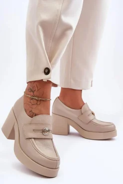 Damskie Boto Skórzane Półbuty Damskie Na Słupku Beżowe Lemar Dunadia