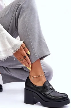 Outlet Boto Skórzane Półbuty Damskie Na Słupku Czarne Lemar Dunadia