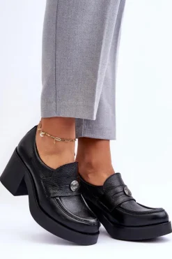 Outlet Boto Skórzane Półbuty Damskie Na Słupku Czarne Lemar Dunadia