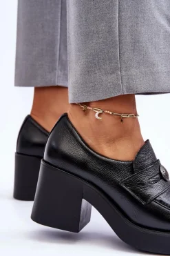 Outlet Boto Skórzane Półbuty Damskie Na Słupku Czarne Lemar Dunadia