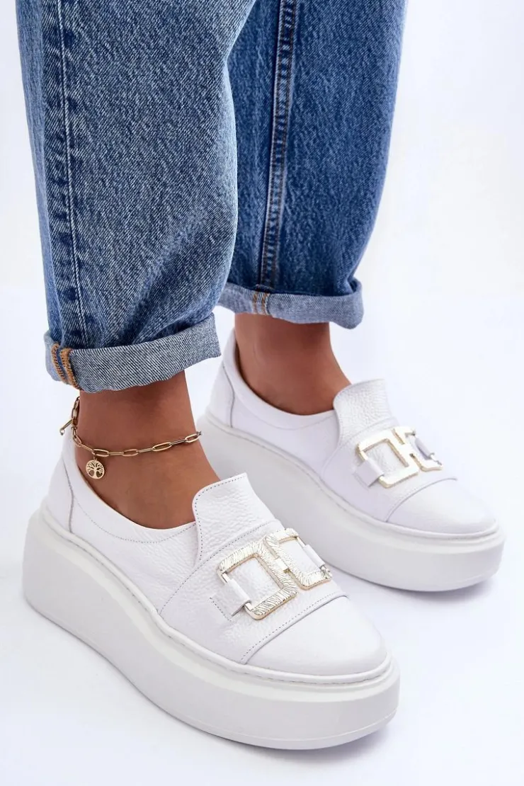 Boto Półbuty Skórzane*Skórzane Półbuty Damskie Na Platformie Białe Lewski 3398/2