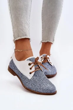 Damskie Maciejka Skórzane Półbuty Damskie Na Płaskim Obcasie 06461-17 Niebieskie