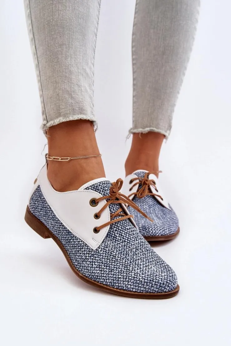 Damskie Maciejka Skórzane Półbuty Damskie Na Płaskim Obcasie 06461-17 Niebieskie