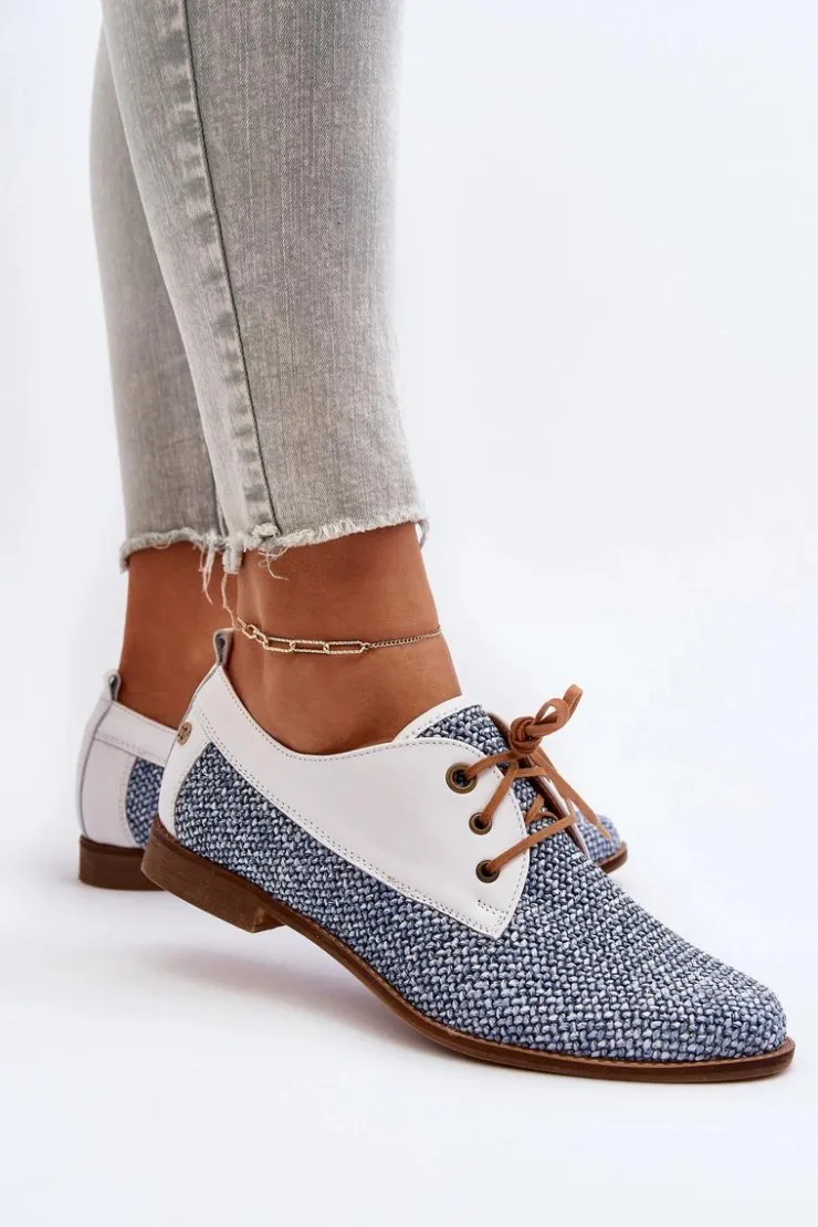 Damskie Maciejka Skórzane Półbuty Damskie Na Płaskim Obcasie 06461-17 Niebieskie