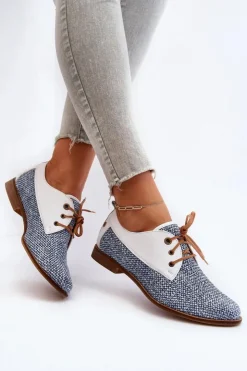 Damskie Maciejka Skórzane Półbuty Damskie Na Płaskim Obcasie 06461-17 Niebieskie