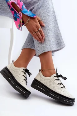 Damskie Damskie buty S.Barski Skórzane Półbuty Damskie Na Platformie S.Barski LR769A Beżowe