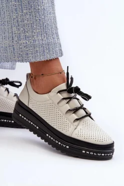 Damskie Damskie buty S.Barski Skórzane Półbuty Damskie Na Platformie S.Barski LR769A Beżowe