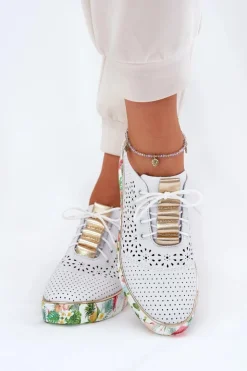 Damskie Artiker Skórzane Półbuty Damskie Na Koturnie 56C1800 Biało-Złote