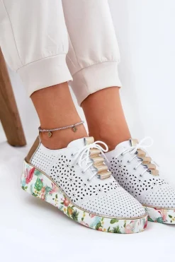 Damskie Artiker Skórzane Półbuty Damskie Na Koturnie 56C1800 Biało-Złote