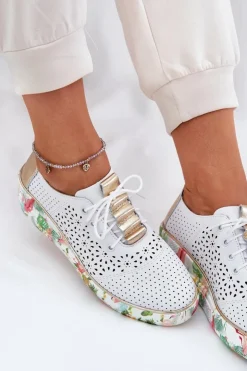 Damskie Artiker Skórzane Półbuty Damskie Na Koturnie 56C1800 Biało-Złote