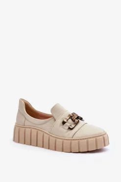 Damskie Boto Skórzane Półbuty Damskie Na Platformie Z Ozdobą Beżowe Lewski 3398