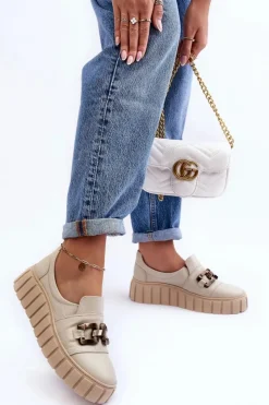 Damskie Boto Skórzane Półbuty Damskie Na Platformie Z Ozdobą Beżowe Lewski 3398