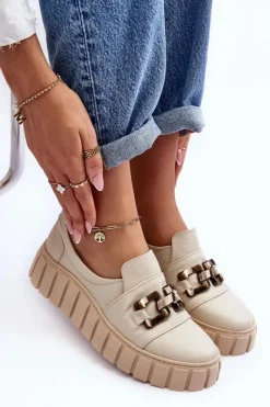 Damskie Boto Skórzane Półbuty Damskie Na Platformie Z Ozdobą Beżowe Lewski 3398