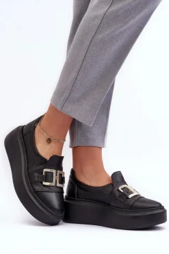 Damskie Boto Skórzane Półbuty Damskie Na Platformie Czarne Lewski 3398/2