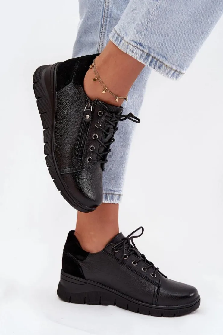 Sale Buty damskie Vinceza Skórzane Półbuty Damskie Na Koturnie Vinceza 39964 Czarne Czarny