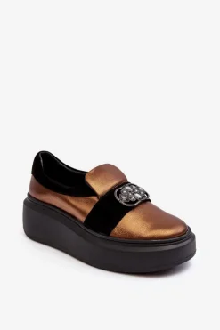 Laura Messi Półbuty Skórzane*Skórzane Półbuty Damskie Na Platformie Z Ozdobą 2697/744-300 Złote