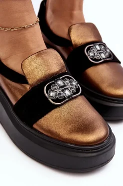 Laura Messi Półbuty Skórzane*Skórzane Półbuty Damskie Na Platformie Z Ozdobą 2697/744-300 Złote