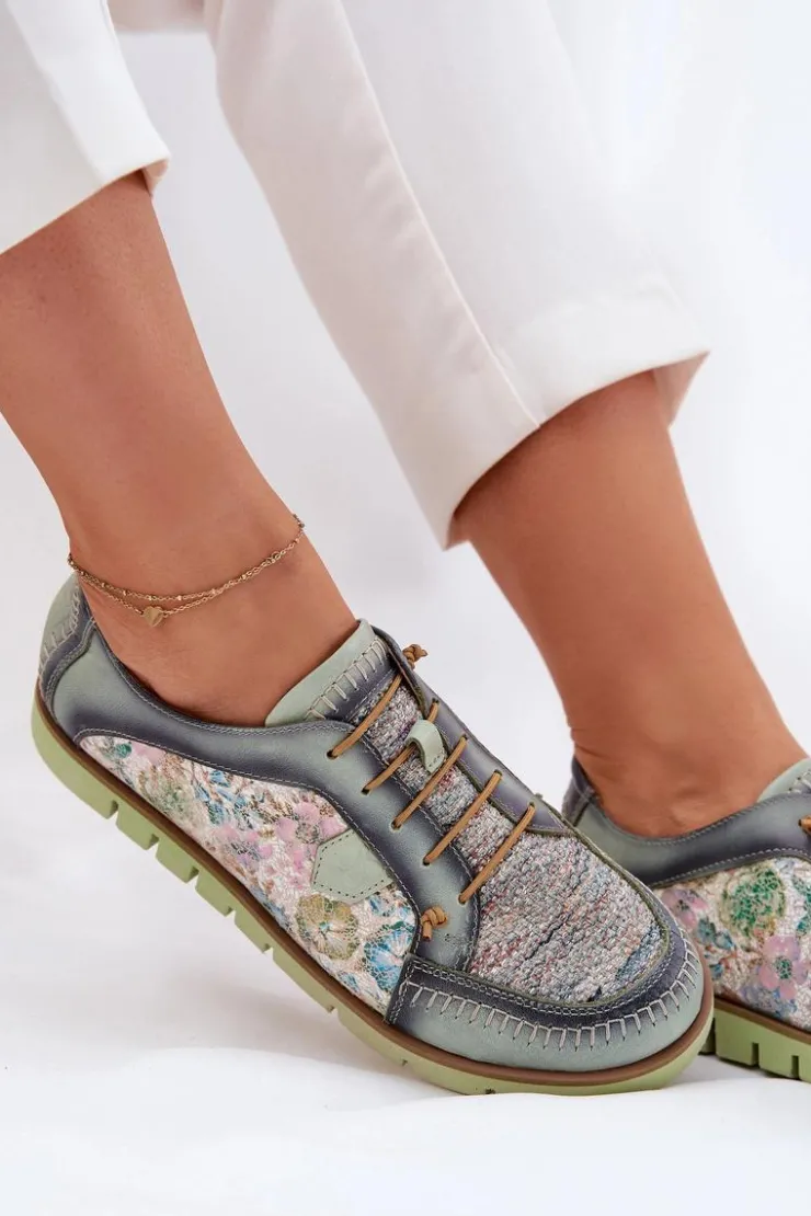Maciejka Półbuty Skórzane*Skórzane Półbuty Damskie Wzorzyste 06784-09 Zielone Zielony