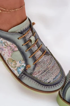 Maciejka Półbuty Skórzane*Skórzane Półbuty Damskie Wzorzyste 06784-09 Zielone Zielony