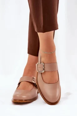 Laura Messi Półbuty Skórzane*Skórzane Półbuty Damskie Z Klamrą 2980 Ciemnobeżowe Beżowy