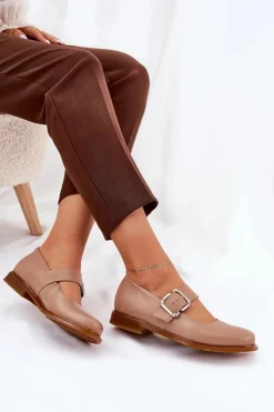 Laura Messi Półbuty Skórzane*Skórzane Półbuty Damskie Z Klamrą 2980 Ciemnobeżowe Beżowy